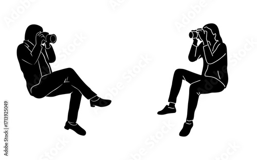 Two stylized figures seated and taking pictures with cameras in a black and white illustration style