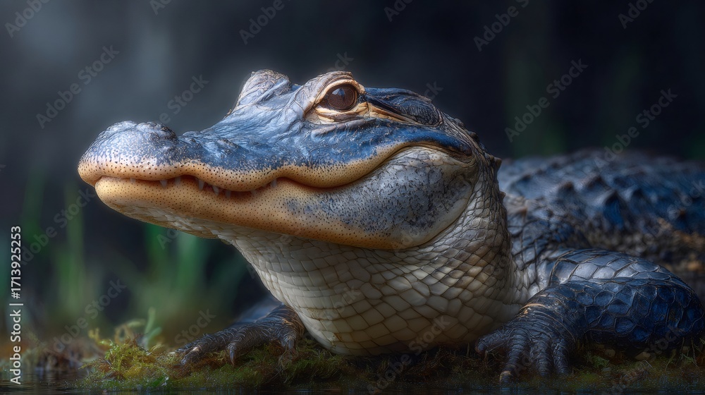 Obraz premium Alligator resting on mossy bank observing surroundings