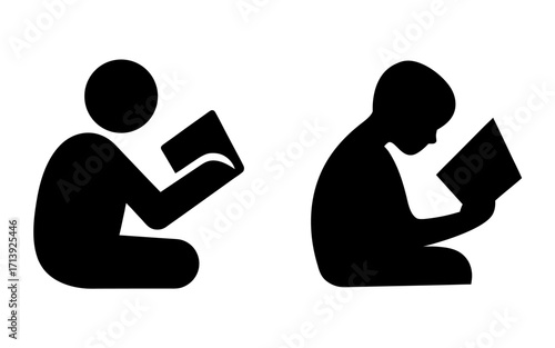 Two silhouette figures sitting and reading books in different positions on a white background view