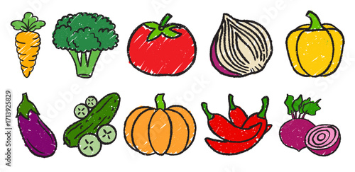 Crayon Vegetables Set with carrot, broccoli, tomato, onion, pepper, eggplant, cucumber, pumpkin, chili, and beetroot. Colorful hand drawn food illustration