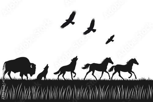 Black silhouette of prairie wildlife on white background. Features bison, howling wolf, horses, and flying birds above grass. Perfect for nature, wilderness, and animal-themed designs.
