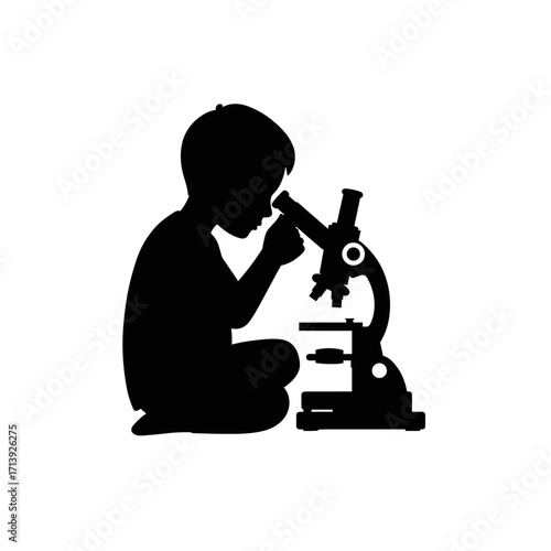 Boy examining slides with microscope silhouette as a concept of Knowledge Day  