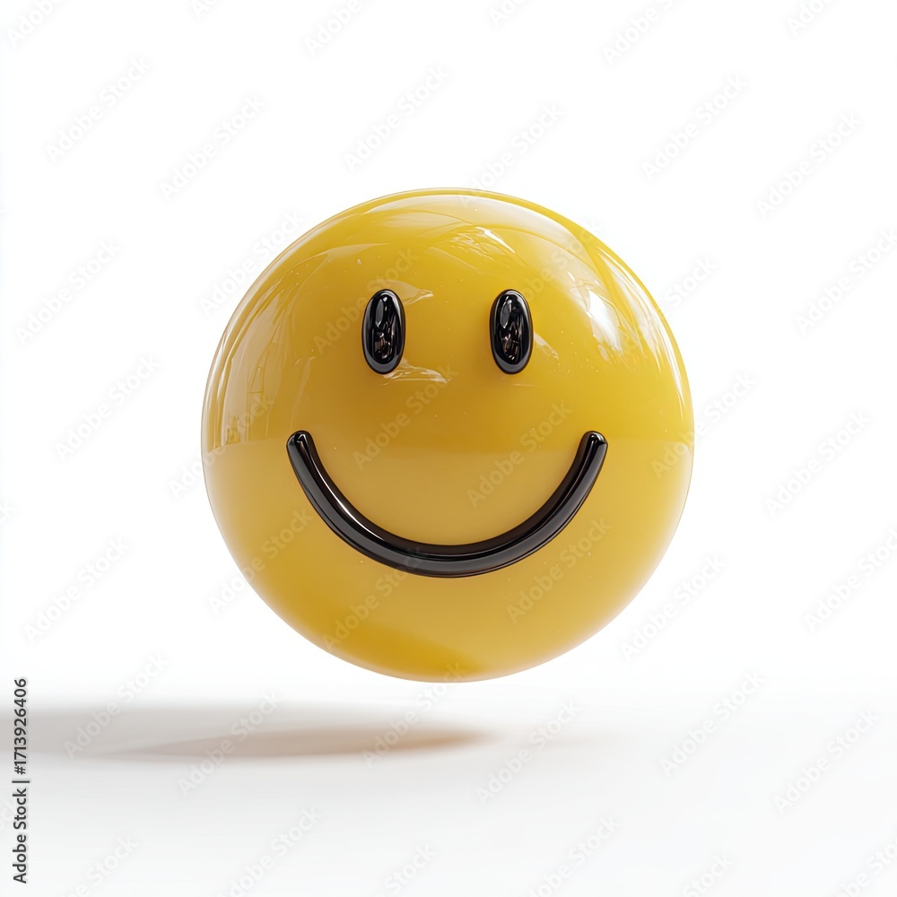Fototapeta premium A glossy, yellow emoticon sphere with a simple black smile, slightly elevated against a white backdrop