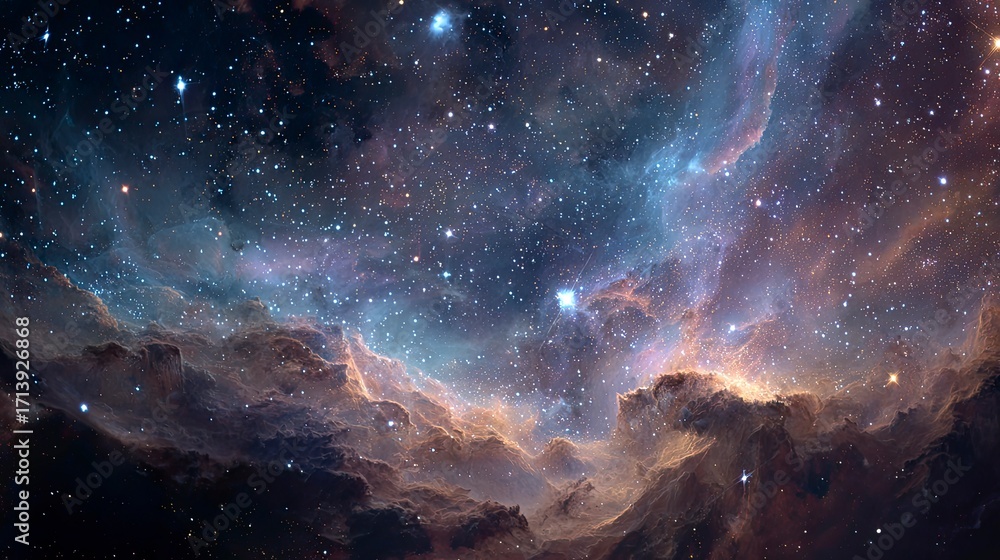 Obraz premium A celestial view featuring bright stars cosmic dust clouds and shimmering nebulae in shades of blue purple and gold