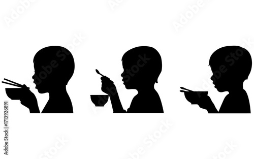 Three silhouettes of a child eating from a bowl with chopsticks and a spoon on a white background