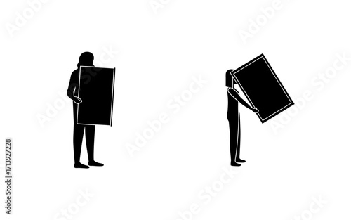 Two silhouettes of people holding rectangular objects on a white background in a minimalist style