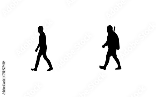 Two silhouettes of people walking in opposite directions on a plain white background in a simple design