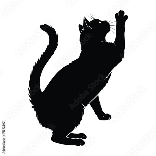 Silhouette Cat in Playful Pose: A sleek, all-black silhouette of a cat strikes a playful pose, paw raised, whiskers twitching, capturing the essence of feline agility and curiosity.