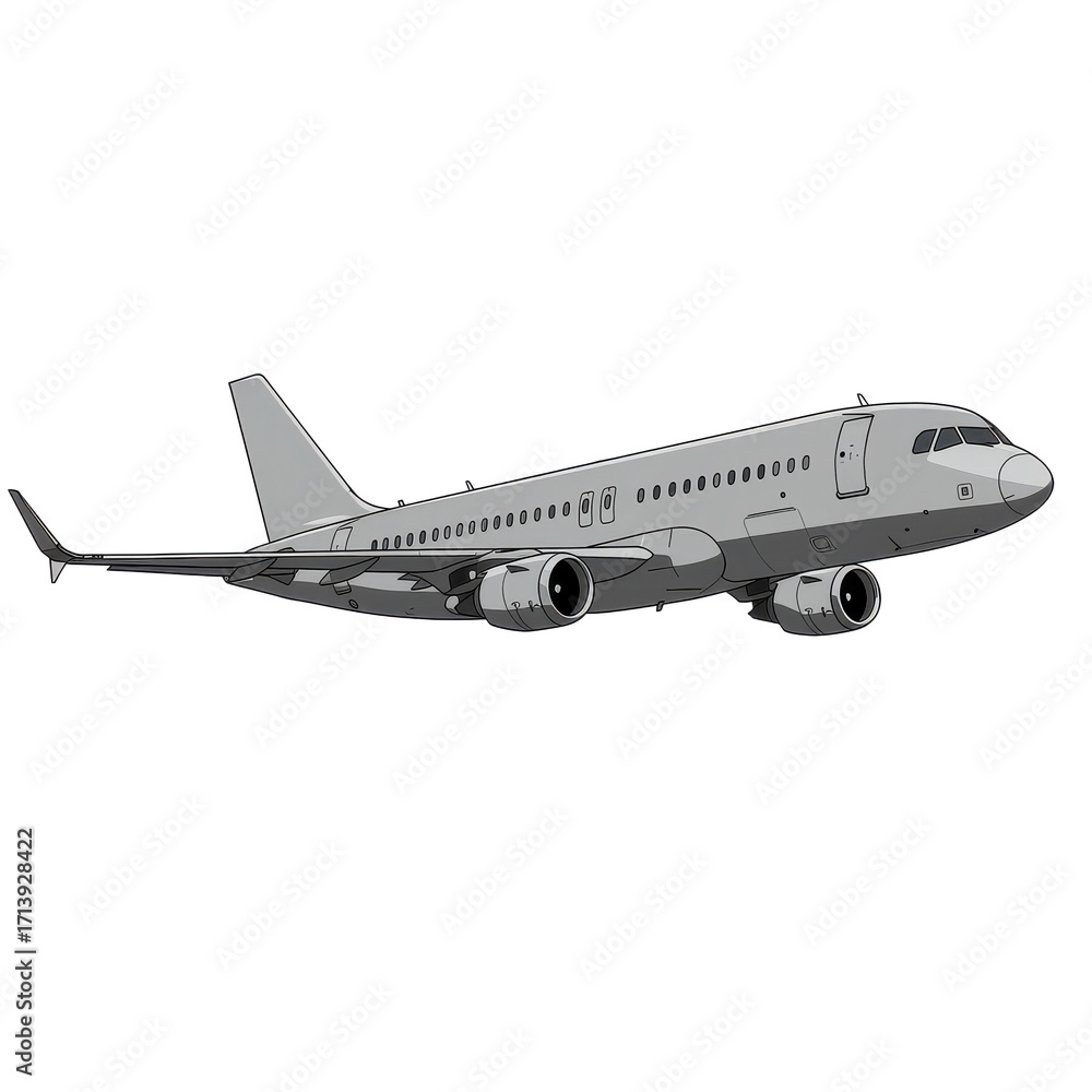 Obraz premium Illustration of a gray passenger airplane in flight on a white background.
