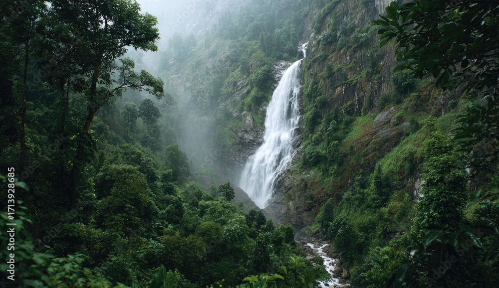 Fototapeta premium Lush mountain waterfall, misty valley
