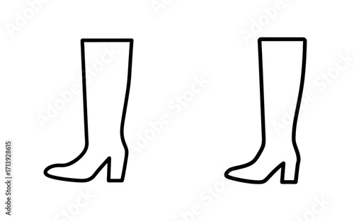 Two identical outlines of knee high heeled boots facing different directions on a white background