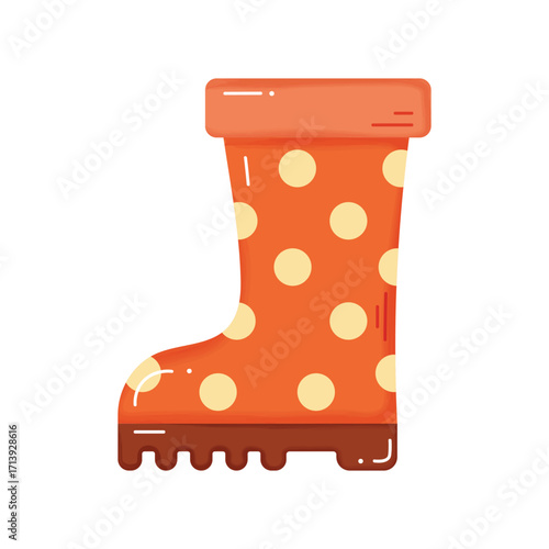 Red rubber boot with dots with watercolour texture on transparent background. Boot icon.  Fall  element. Clip art. Cute autumn doodle icon. Design  for autumn decorations.  Vector illustration.