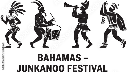 Bahamas Junkanoo Festival Vector Graphic Depicting Vibrant Dancers and Musicians in Silhouette