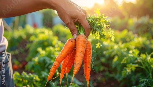 Freshly harvested carrots held in a hand, vibrant orange hues against a backdrop of lush green foliage, displaying a serene and abundant harvest scene.