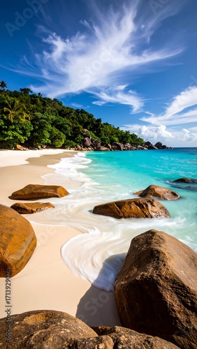 Tropical beach scene with turquoise water and rocks (2)