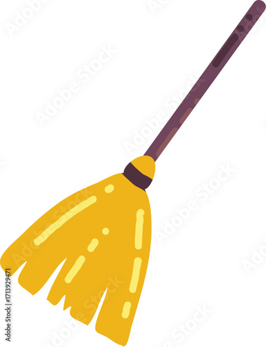 Vibrant yellow bristle broom with dark handle simple flat vector illustration.