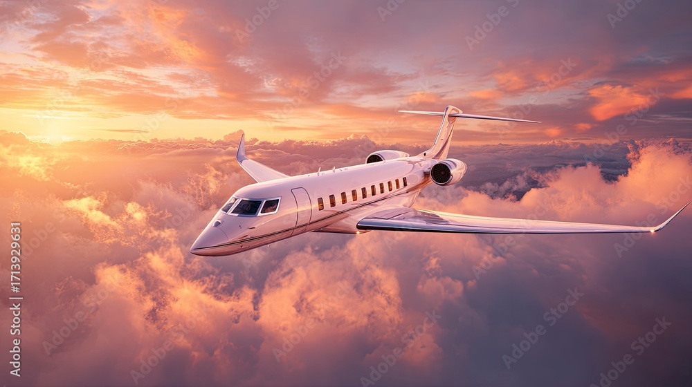 Fototapeta premium A private jet soars through a sky filled with clouds colored by the light of the sun