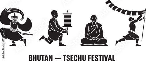 Bhutan Tsechu Festival Religious Silhouette Vector Illustration with Monks and Rituals