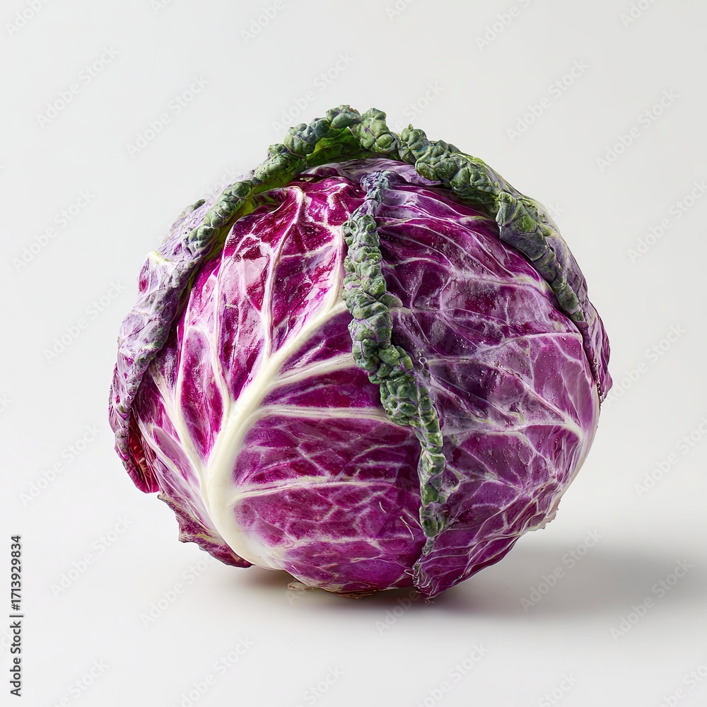 Obraz premium A red cabbage with white veins and green warty outer leaves rests on a white surface casting a shadow