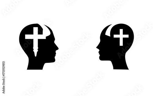 Two black head silhouettes facing each other with a white cross inside the head on a white background