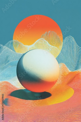 Sphere rests on colorful, textured landscape with sun