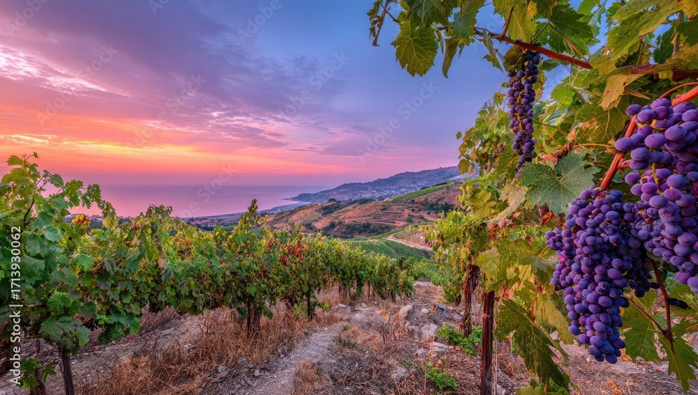 Naklejka premium Lush vineyard at sunset over a coastal vista