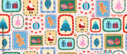 Seamless pattern with cute Christmas elements and Santa Claus, gifts, gingerbread man, Christmas tree, Christmas balls for textile or wrapping paper.