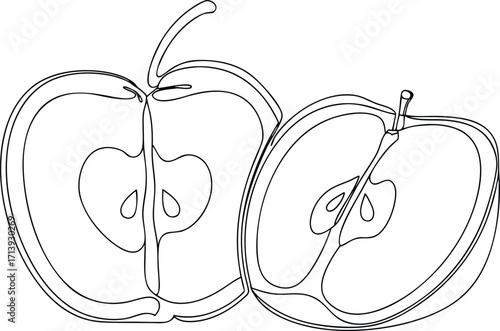 Two halves of an apple with seeds and stem line art