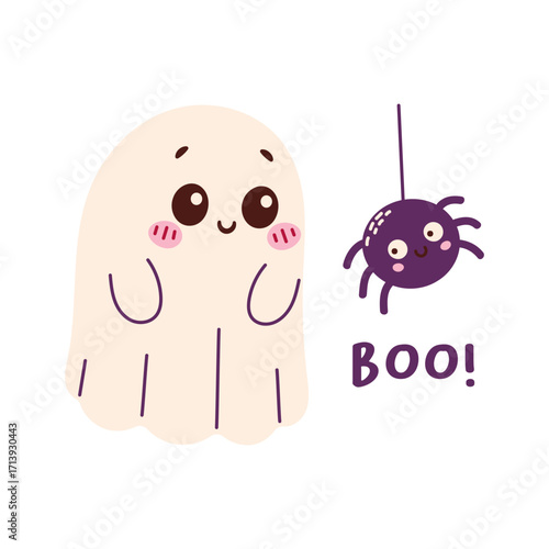 Cute ghost and spider looking at each other. Childish ghost character isolated on a white background. Happy Halloween card