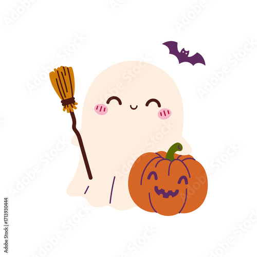 Cute Halloween ghost with a broom, pumpkin and bat. Childish ghost character isolated on a white background. Happy Halloween card
