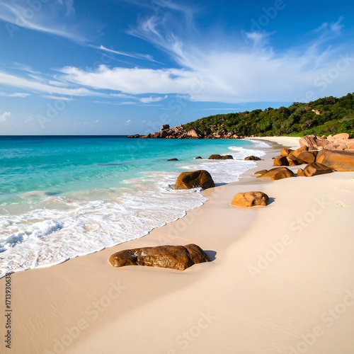 Tropical beach scene with turquoise water and white sand