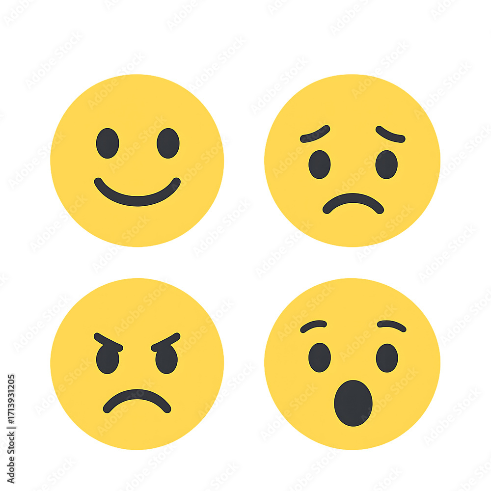 Fototapeta premium Set of four yellow emoji faces showing happy, sad, angry, and surprised expressions in flat vector style