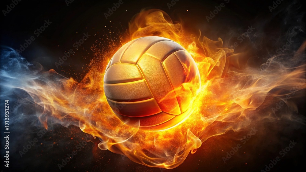 Fototapeta premium Fiery Volleyball Ball Enveloped in Blazing Inferno, Embracing the Heat of Competition and Passion