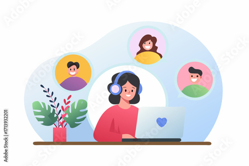 Smiling woman wearing headphones on a video call with three colleagues from home office