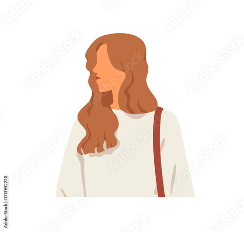 Woman profile. Abstract female face looking aside, side view. Young person in casual outfit, head turned sideways, long hair, faceless portrait. Flat vector illustration isolated on white background