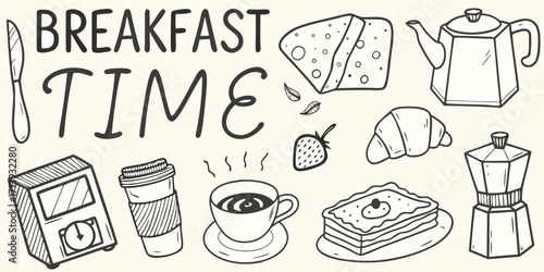 Hand drawn breakfast time doodle collection featuring coffee croissant cheese and more