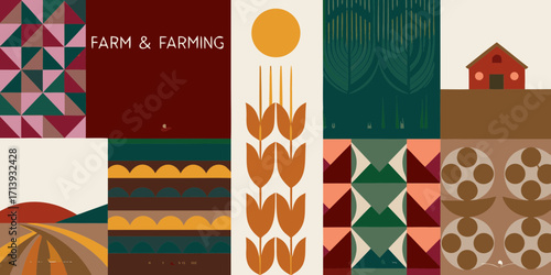 Farm and farming abstract collage with geometric patterns and stylized agricultural elements