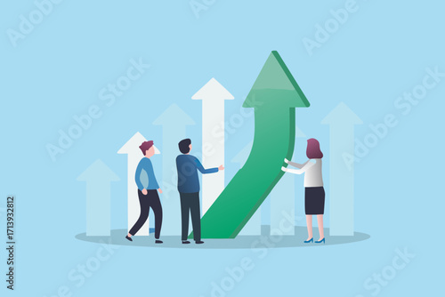 Teamwork and collaboration driving business growth and success with upward trending arrows