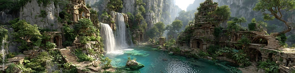 Fototapeta premium Crystal-clear waterfalls flowing through abandoned green tech ruins teal theme