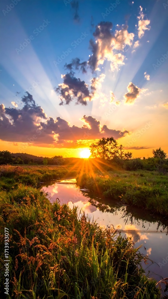 Obraz premium Scenic sunset over a tranquil stream