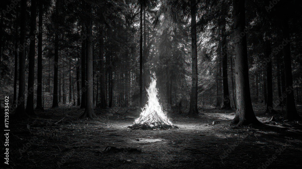 Naklejka premium Bonfire blazes brightly in a dark, dense forest, tall trees casting long shadows