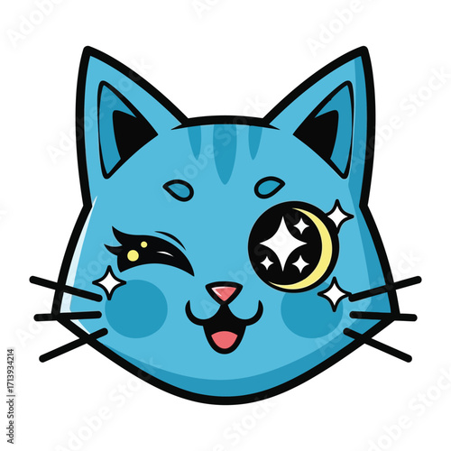Celestial Kitty: A whimsical cartoon rendering of a blue cat winking and adorned with celestial elements, its starry eye and crescent moon exuding charm and playfulness.