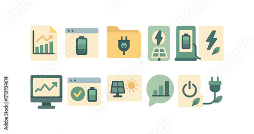 Energy and technology flat icon set: power, sustainable innovation, green tech