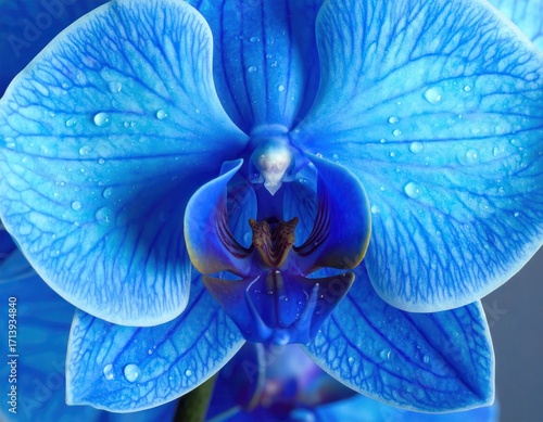 Close-up of a vibrant blue orchid flower, showcasing intricate details and glistening water droplets.