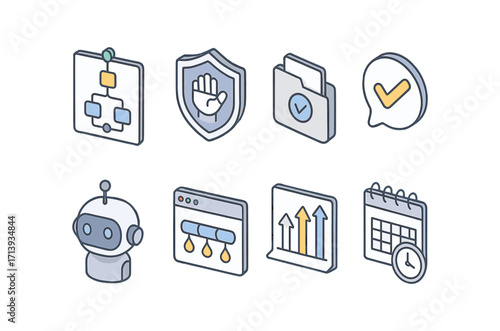 Business and technology outline icon set. productivity, security linear icons collection