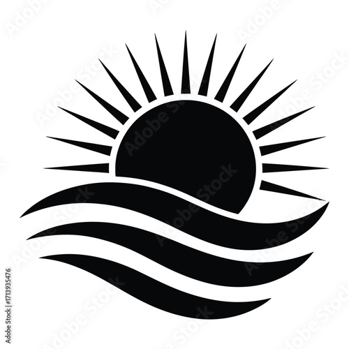 Stylized black silhouette of a rising sun over wavy water