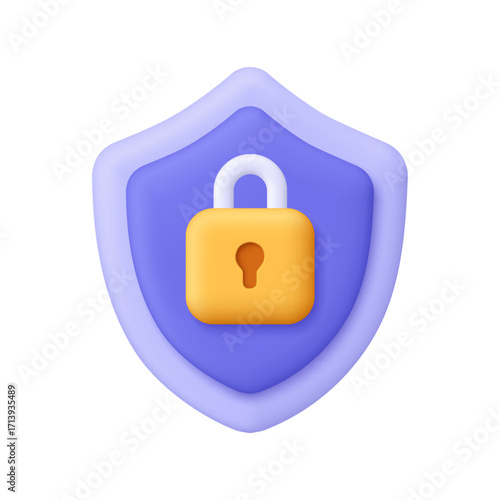 Purple shield with a yellow padlock. Security, protection, data privacy, cybersecurity, encryption and internet safety concept. 3d vector icon. Cartoon minimal style.