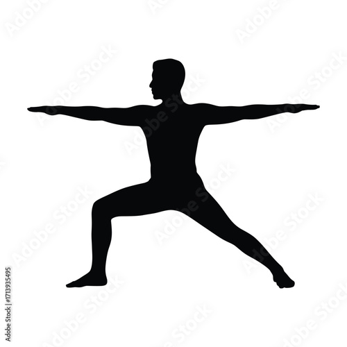 Silhouette of a person in a warrior yoga pose with arms extended horizontally