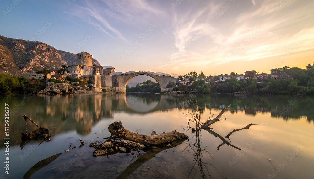 Fototapeta premium A serene sunrise view of the historic bridge, reflected perfectly in the tranquil water, with weathered driftwood along the shore.