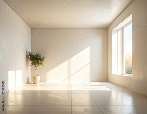 A sunlit, minimalist interior room, showcasing a corner plant and natural light streaming through a large window.